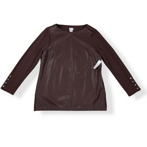 Chicos Top Women 2/US Large Brown Long Sleeve Faux Leather Front Tunic NWT